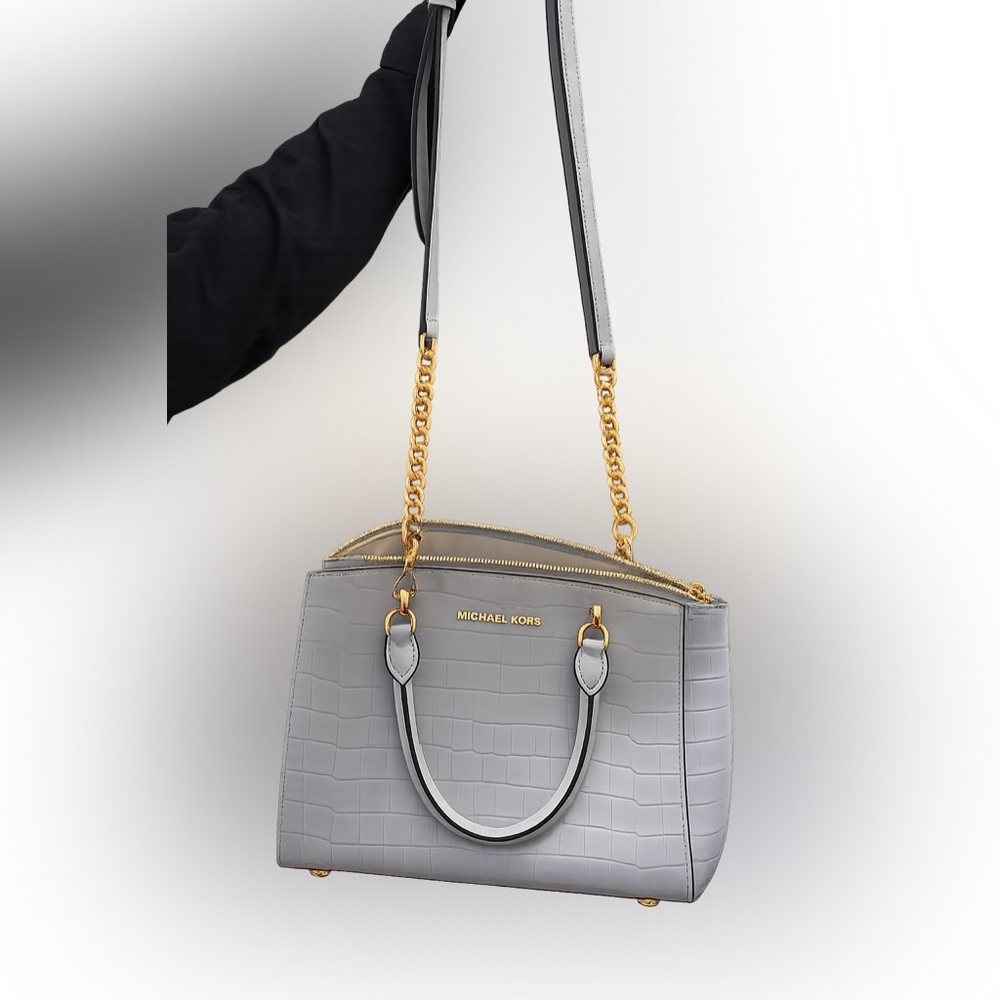 Michael Kors Gray Blue Croc-Embossed Satchel Crossbody Bag